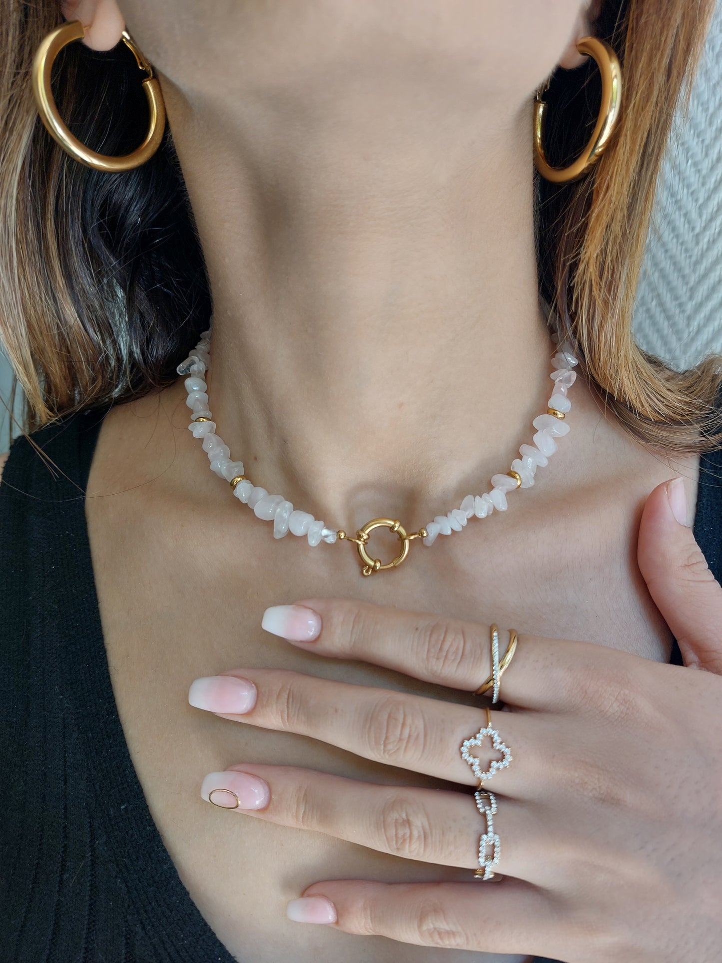 Rose stainless steel natural stone necklace